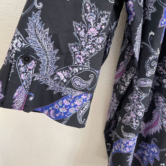 Catherines Womens Plus 3X Blouse Purple Black Floral Roll Tab Sleeve Shirt Top - Picture 9 of 11